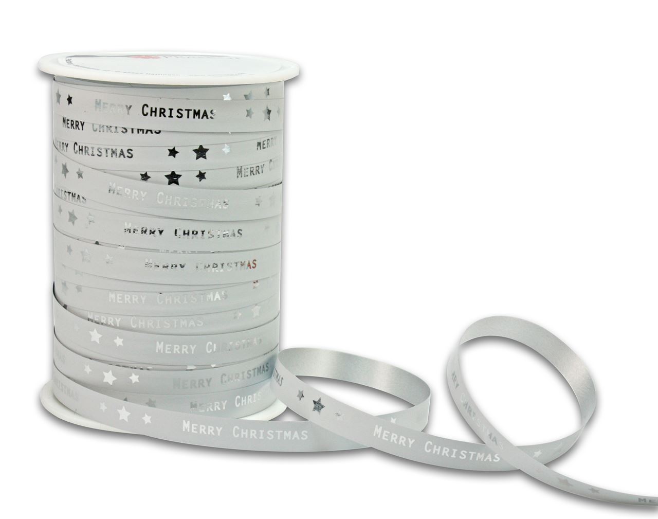 Afbeelding van Rol Kerstlint 10 mm 100 mtr Merry Christmas wit/zilver